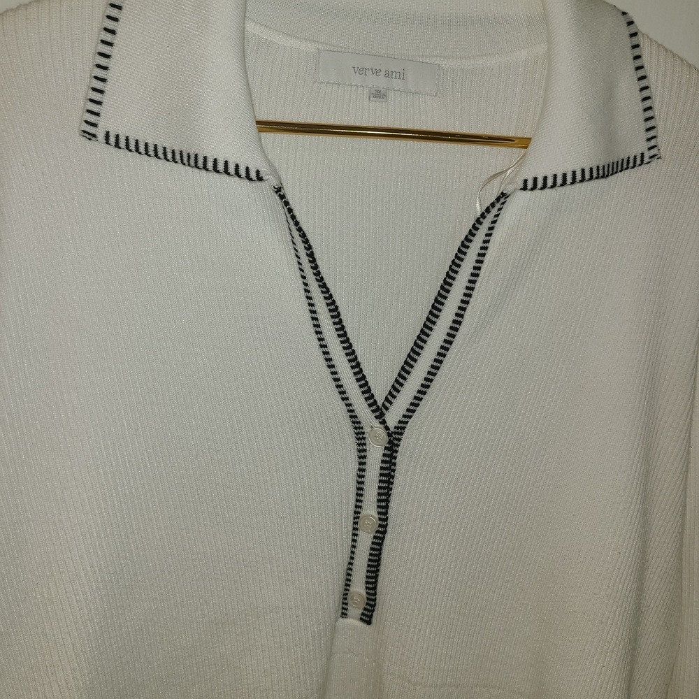 Verve Ami Ribberd Polo Sweater Womens Sz 2X White Vneck Long Sleeve Country Club